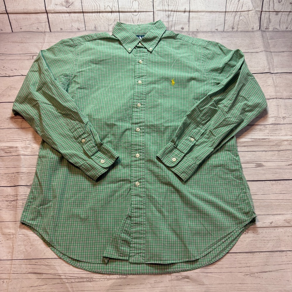 Polo Ralph Lauren‎ Button Down Green Yellow Pony Shirt Classic Fit Men's Large